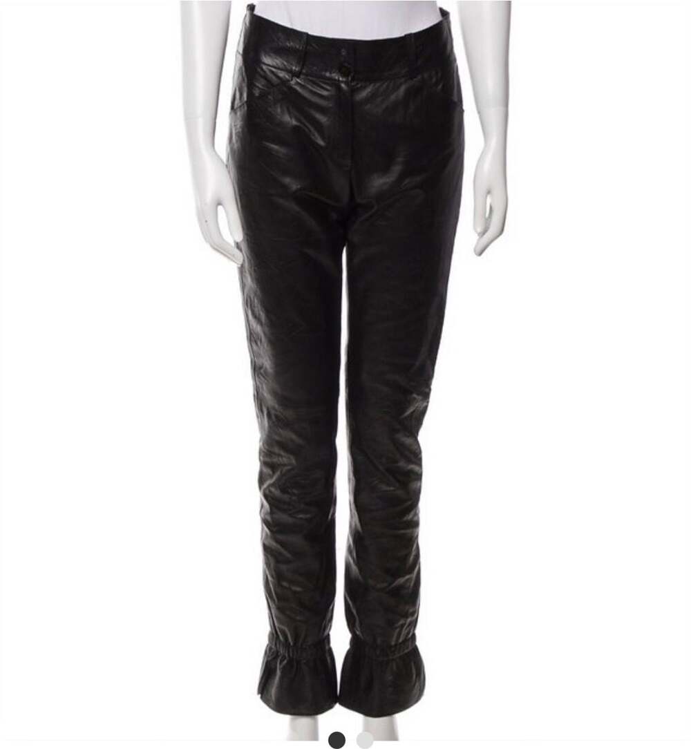 Chanel Vintage 2005 05P Black 100% Lambskin Leather Pants with Ruffle Hem